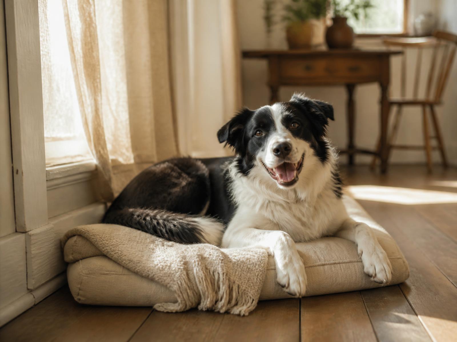 A happy border collie resting comfortably on a padded bed in a sunlit farmhouse room