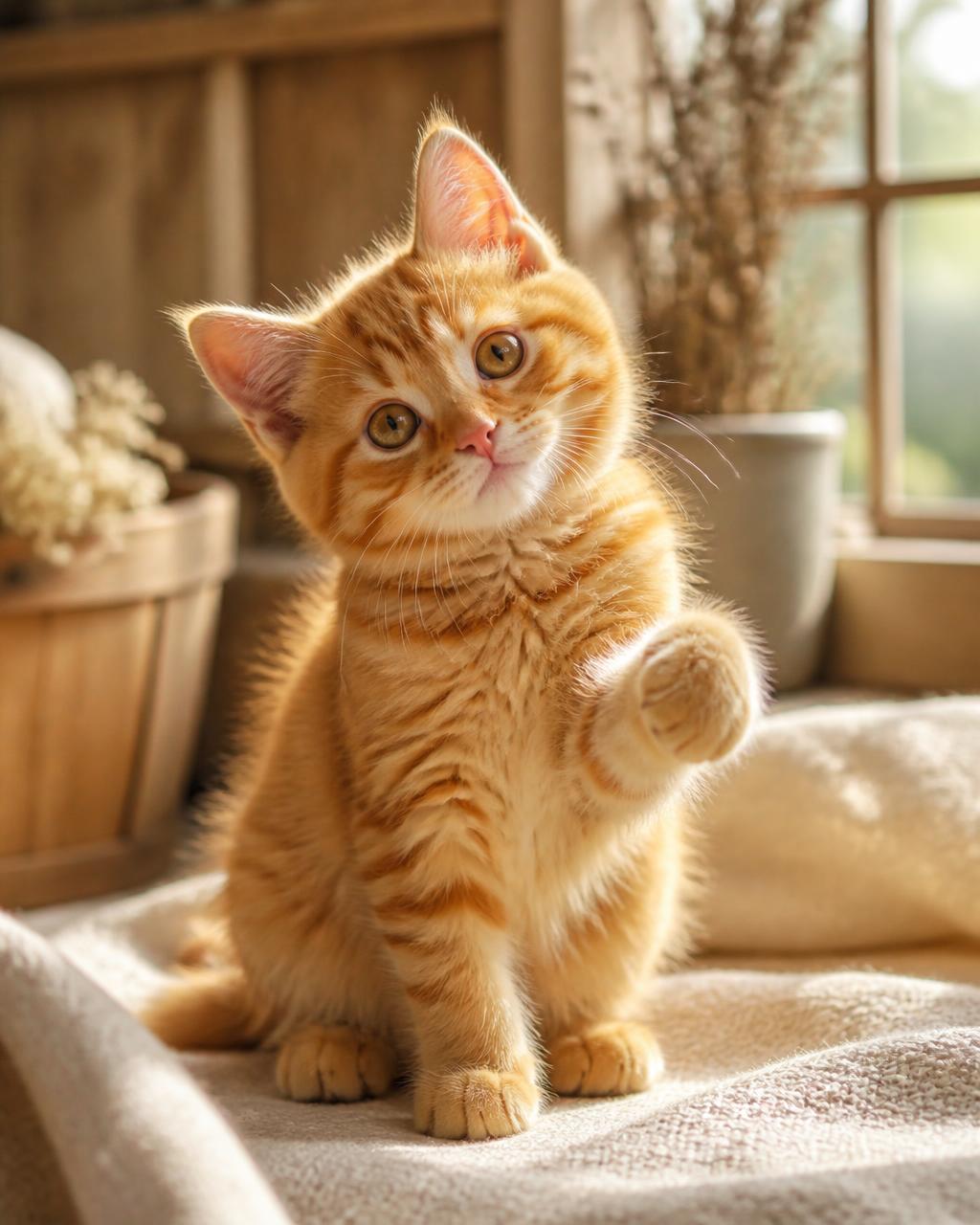 A playful orange tabby kitten sitting on a cream blanket in warm window light