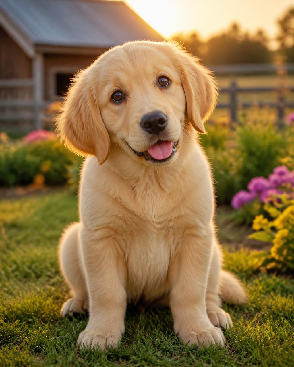 An adorable golden Labrador puppy sitting in a sunlit farm garden with flowers
