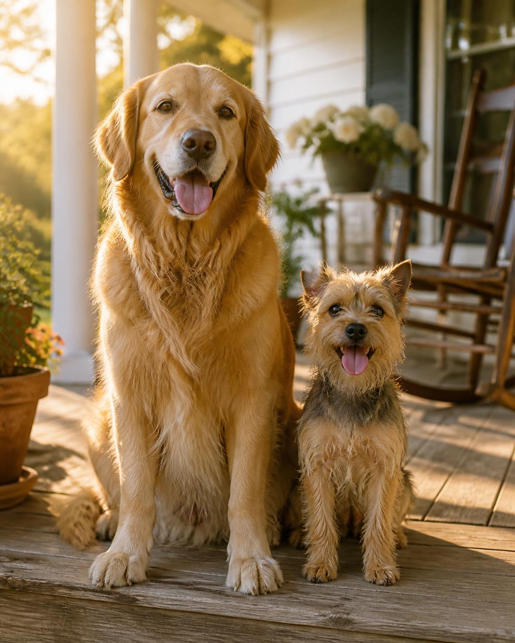A happy golden retriever and a small terrier sitting together on a sunlit farmhouse porch