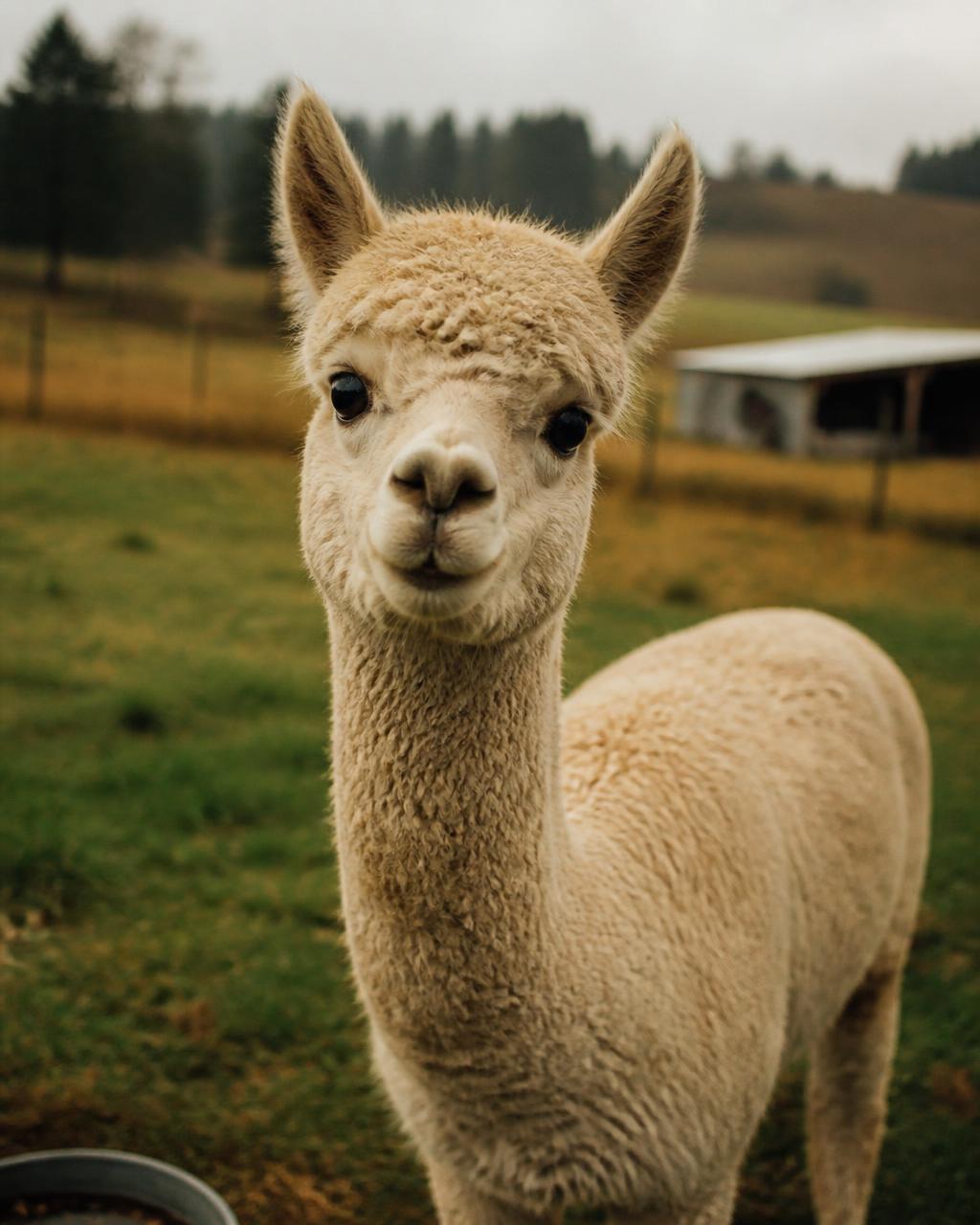 A curious cream-coloured alpaca standing in a green farm paddock
