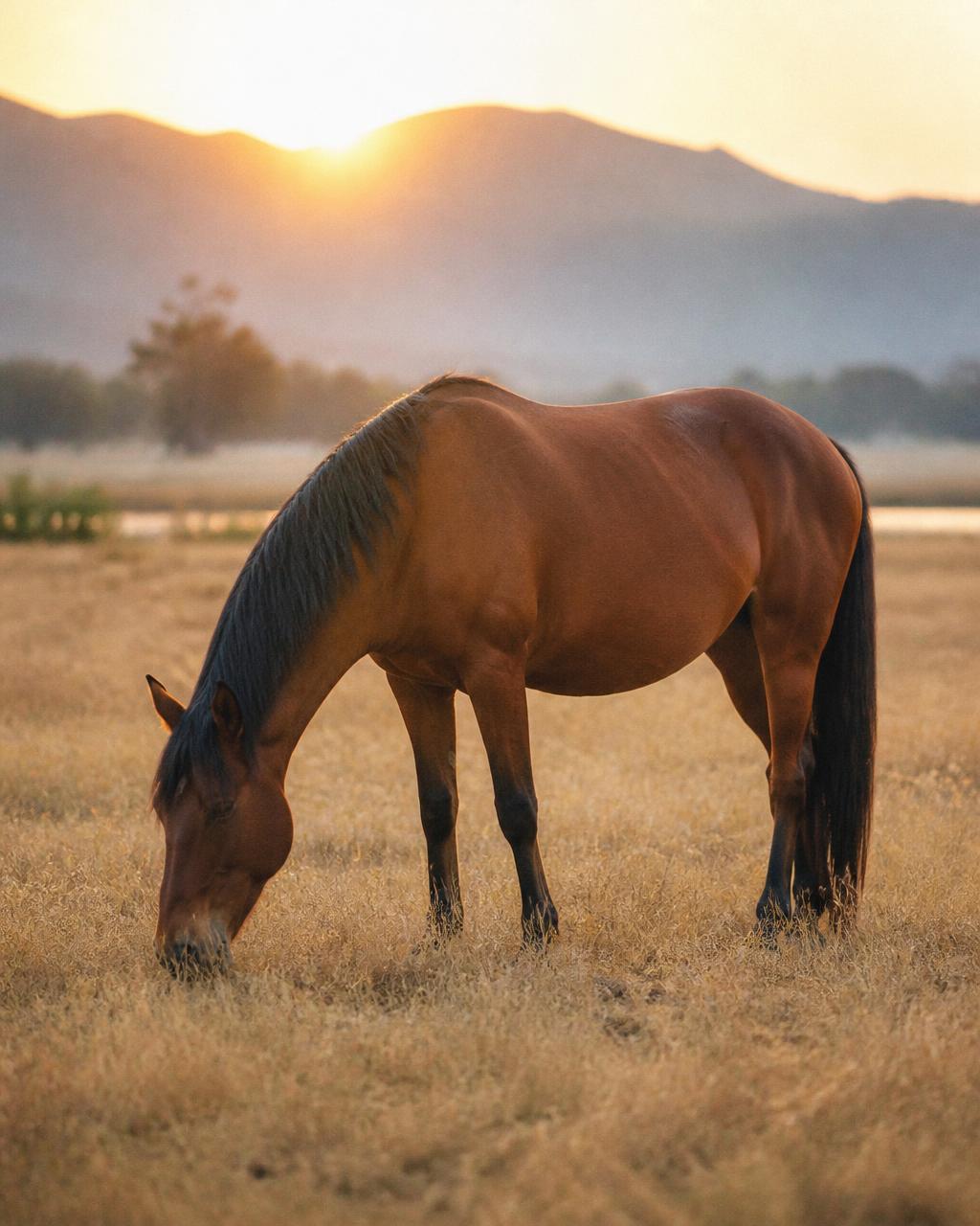 A bay horse grazing quietly in a golden pasture at sunrise