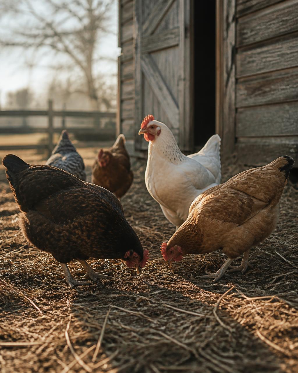 A small flock of hens scratching in straw outside a rustic barn